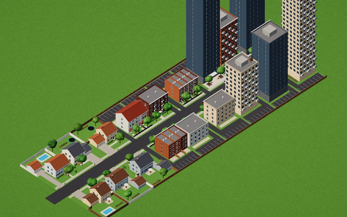 A street rising from houses to townhouses, apartments and towers