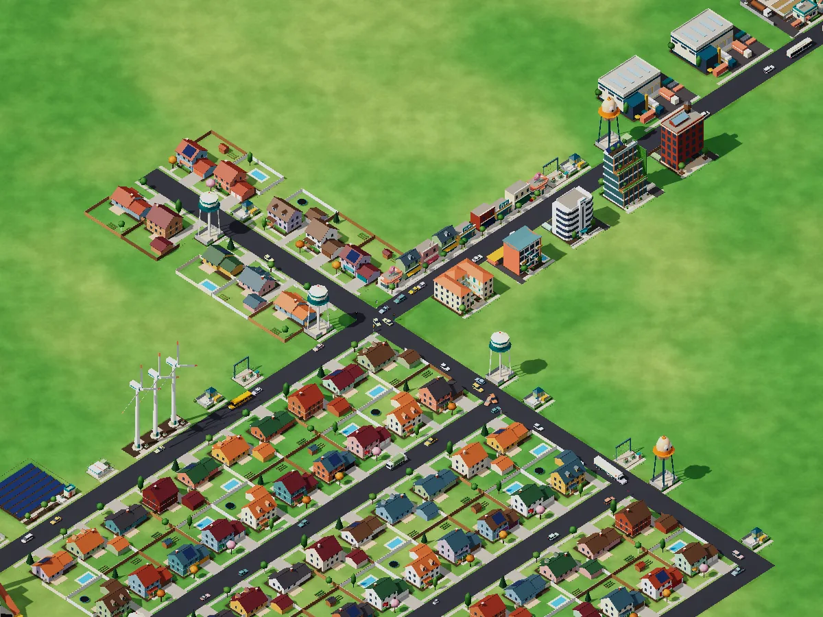 The whole town from above: suburbs, main street, wind turbines and a solar farm