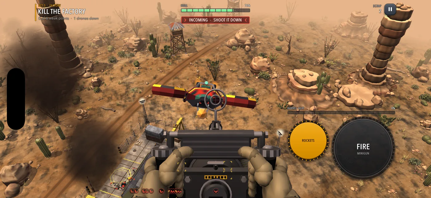 The gunner's sortie: door-gun view over the drone factory